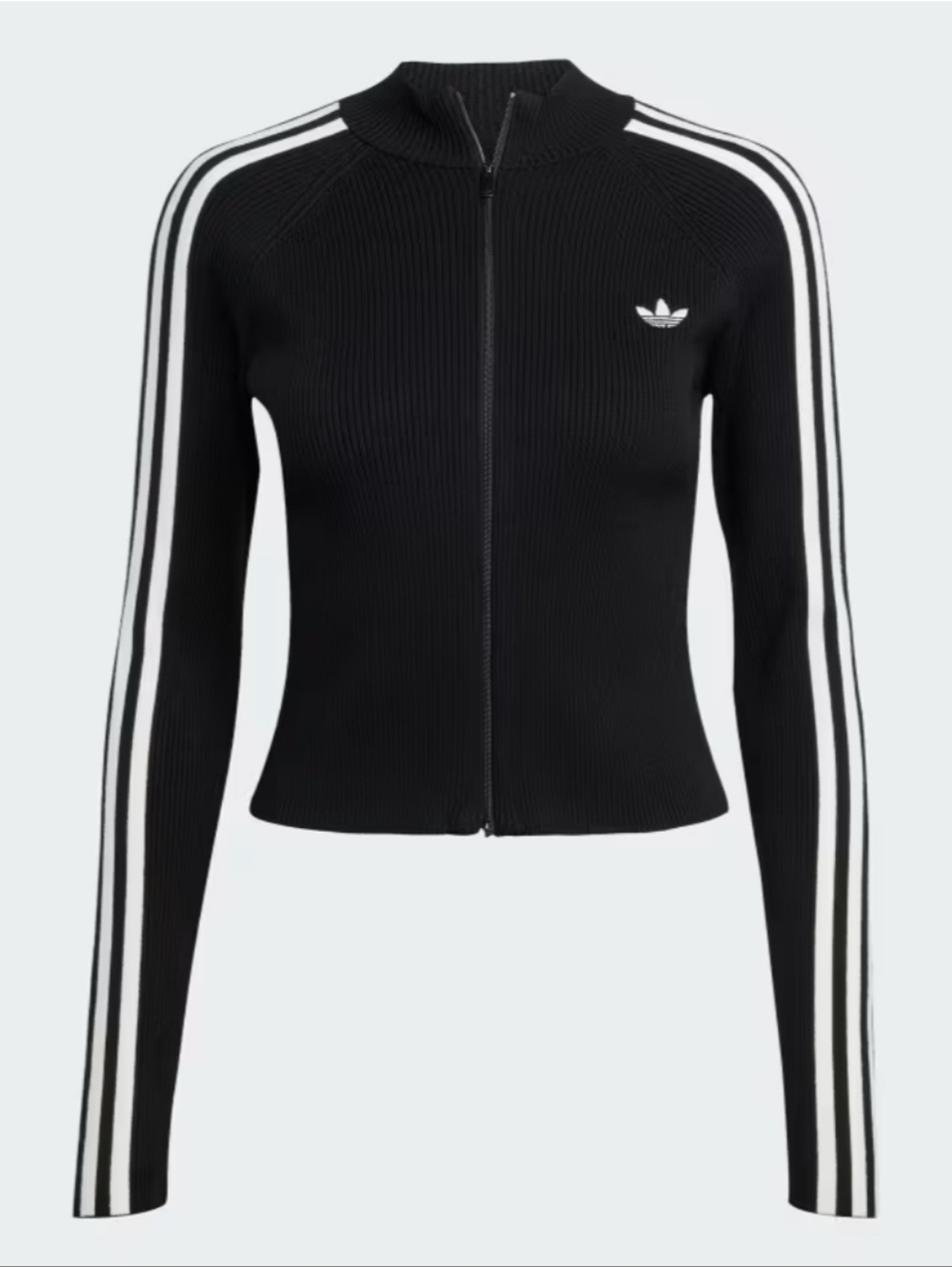 Adidas Black Ribbed Zip-Up Jacket with White Stripes, Classic Trefoil AdiLogo